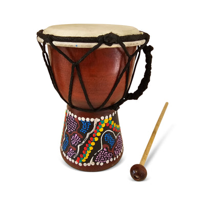 Mini 6 inch hand carved wooden djembe drum with colorful dot painting and beater
