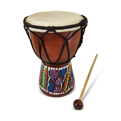 Mini 6 inch hand carved wooden djembe drum with colorful dot painting and beater