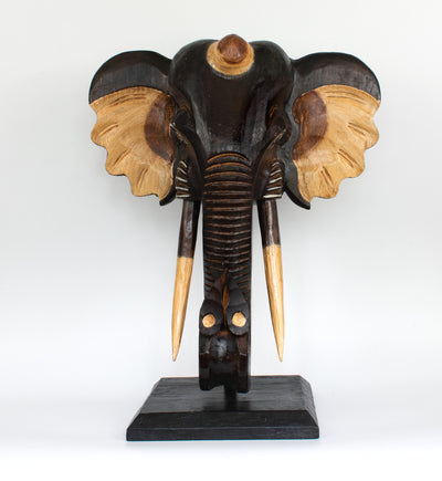 Wooden Brown Elephant Mask Bust Statue on Stand Sculpture Figurine