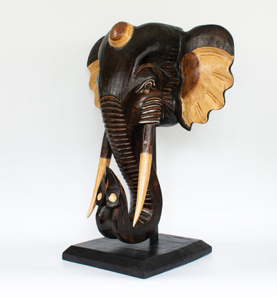 Wooden Brown Elephant Mask Bust Statue on Stand Sculpture Figurine Home Decor Hand Carved Handmade Accent Handcrafted Decoration Wood