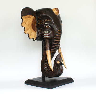 Wooden Brown Elephant Mask Bust Statue on Stand Sculpture Figurine Home Decor Hand Carved Handmade Accent Handcrafted Decoration Wood