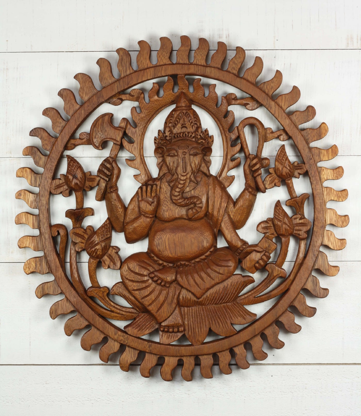 Hand Carved Wooden Ganesha Sunburst Wall Panel – Hindu Elephant God Lotus Art