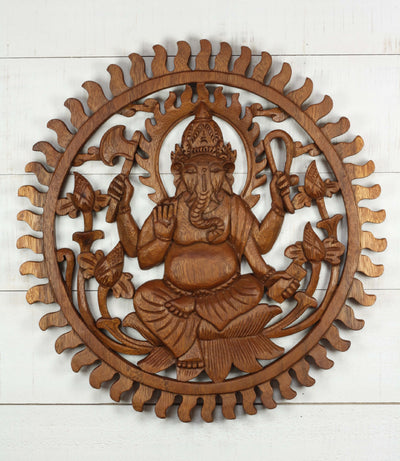 Hand Carved Wooden Ganesha Sunburst Wall Panel – Hindu Elephant God Lotus Art