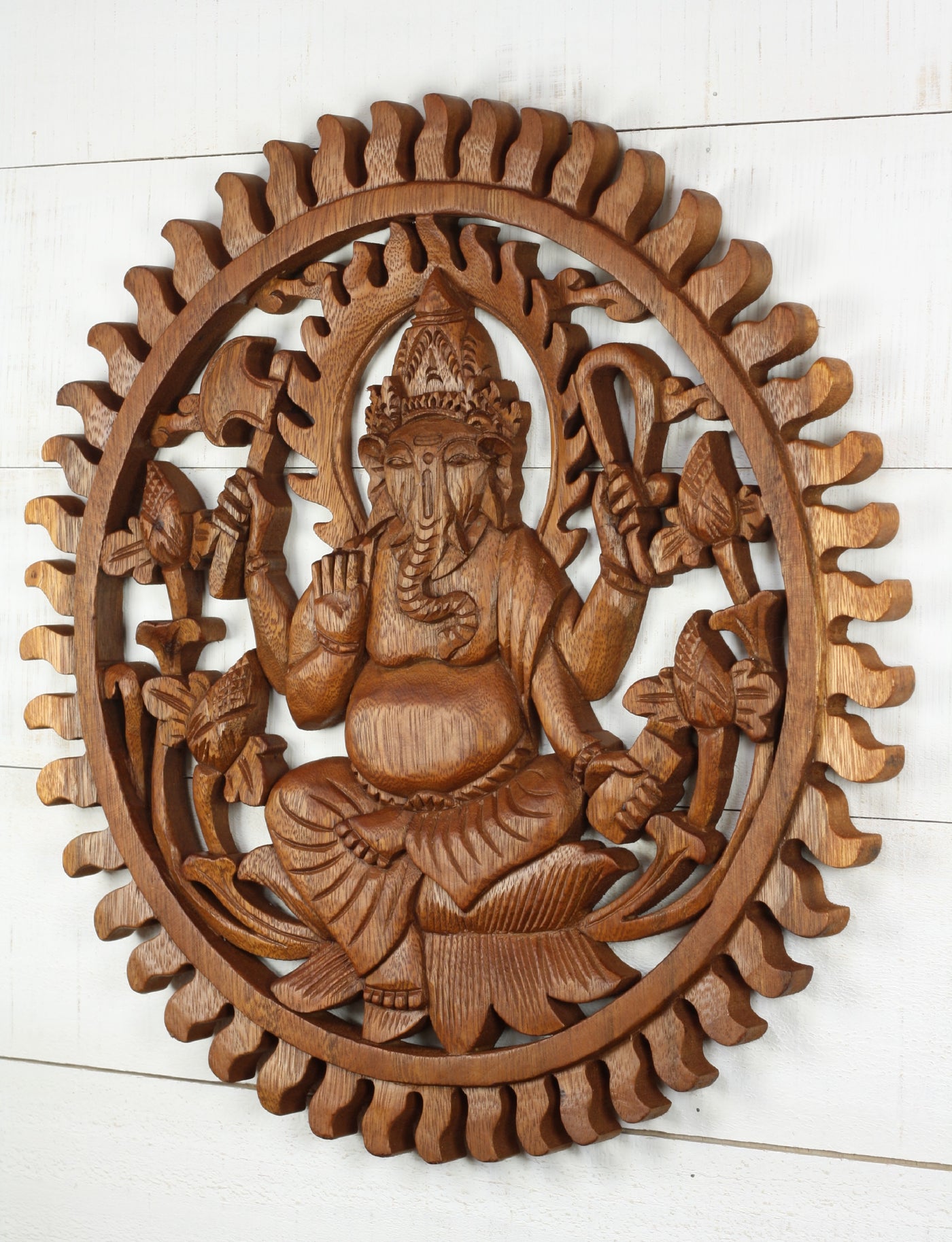 Hand Carved Wooden Ganesha Sunburst Wall Panel – Hindu Elephant God Lotus Art
