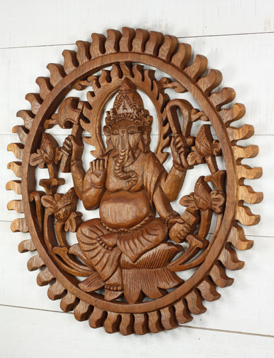 Hand Carved Wooden Ganesha Sunburst Wall Panel – Hindu Elephant God Lotus Art