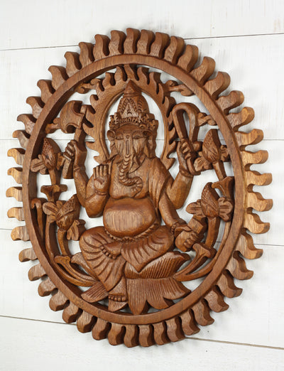 Hand Carved Wooden Ganesha Sunburst Wall Panel – Hindu Elephant God Lotus Art