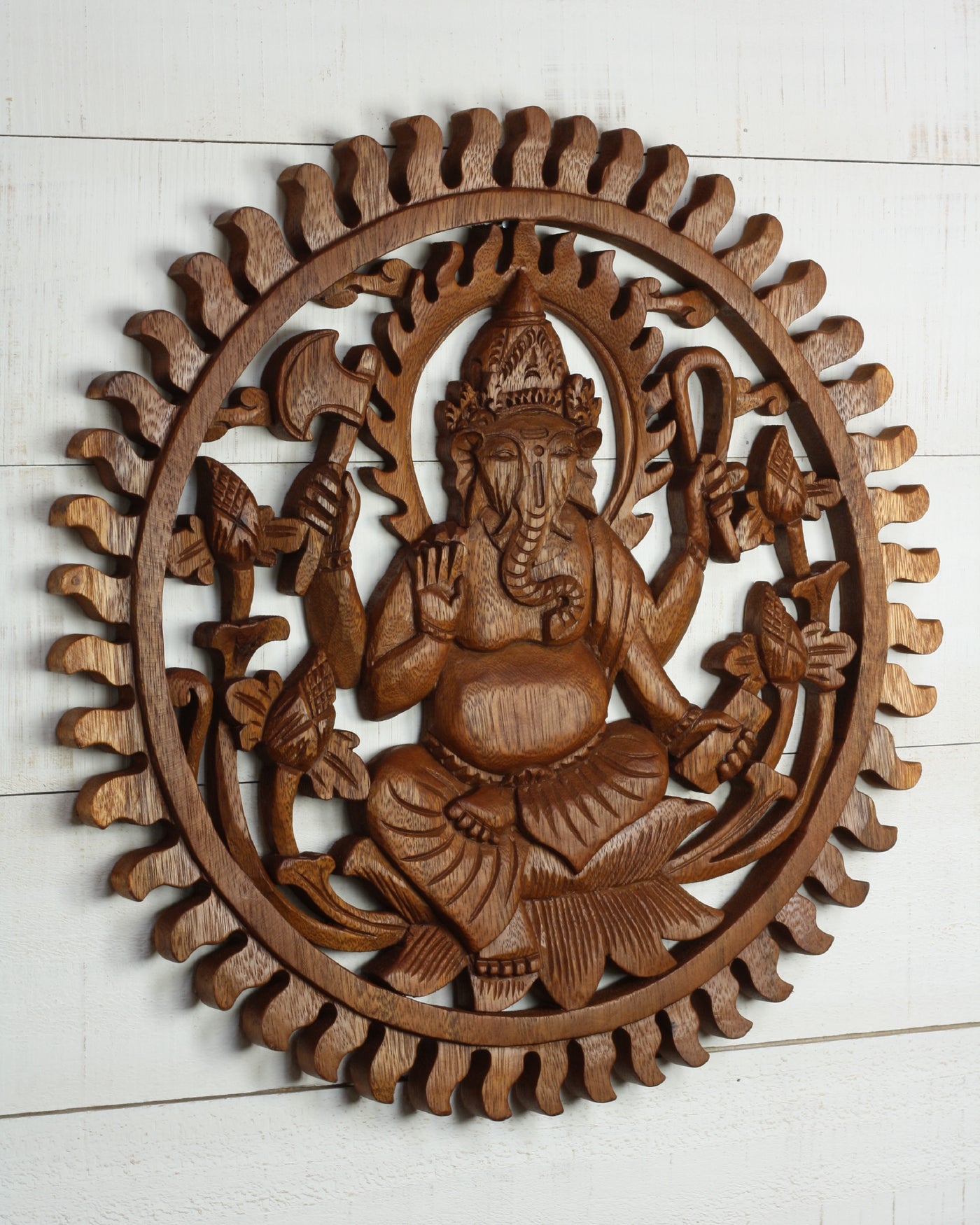 Hand Carved Wooden Ganesha Sunburst Wall Panel – Hindu Elephant God Lotus Art