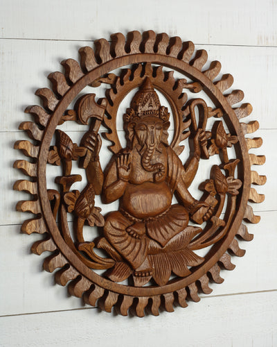 Hand Carved Wooden Ganesha Sunburst Wall Panel – Hindu Elephant God Lotus Art