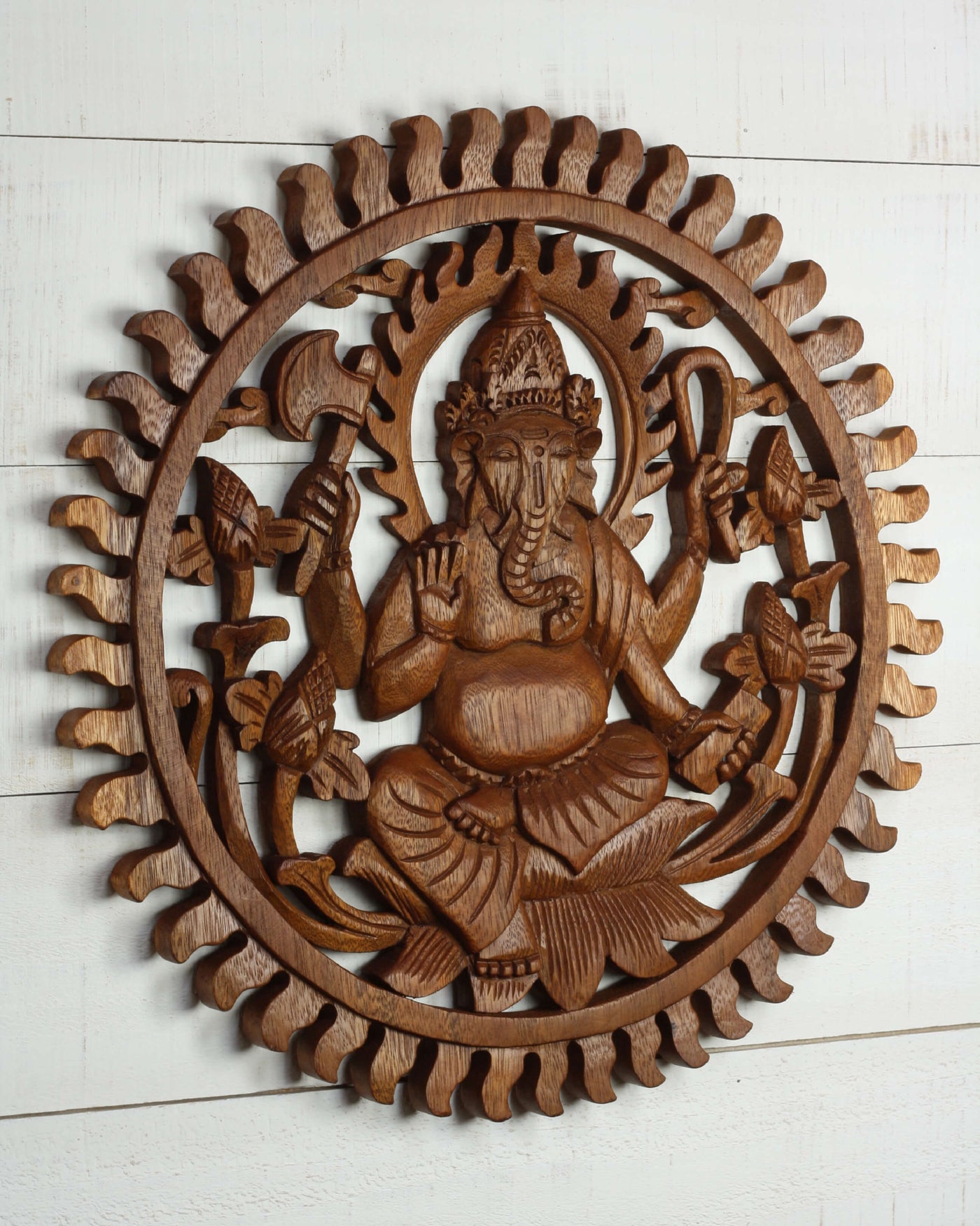 Hand Carved Wooden Ganesha Sunburst Wall Panel – Hindu Elephant God Lotus Art
