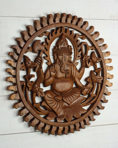 Hand Carved Wooden Ganesha Sunburst Wall Panel – Hindu Elephant God Lotus Art