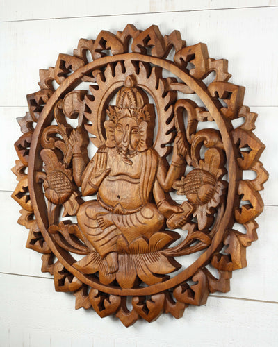 Hand Carved Wooden Ganesha Wall Panel – Hindu Elephant God Art, Lotus Floral Mandala