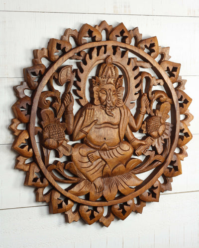 Hand Carved Wooden Ganesha Wall Panel – Hindu Elephant God Art, Lotus Floral Mandala