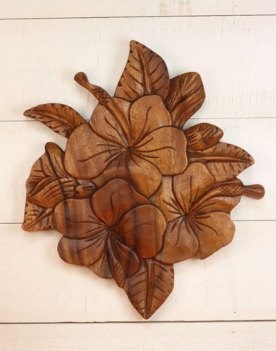 Hand carved wooden hibiscus wall art panel featuring tropical flowers and leaves, boho botanical home decor