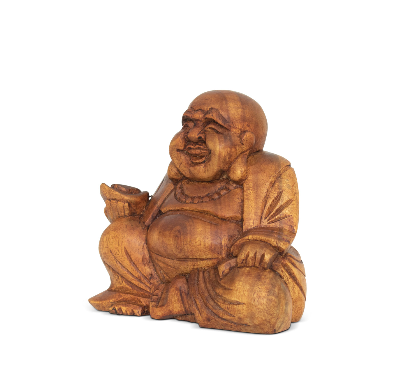 4.5" Wooden Mini Laughing Happy Buddha Statue Hand Carved Smiling Sitting Sculpture Handmade Figurine Decorative Home Decor Handcrafted Art Decoration