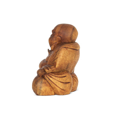 4.5" Wooden Mini Laughing Happy Buddha Statue Hand Carved Smiling Sitting Sculpture Handmade Figurine Decorative Home Decor Handcrafted Art Decoration