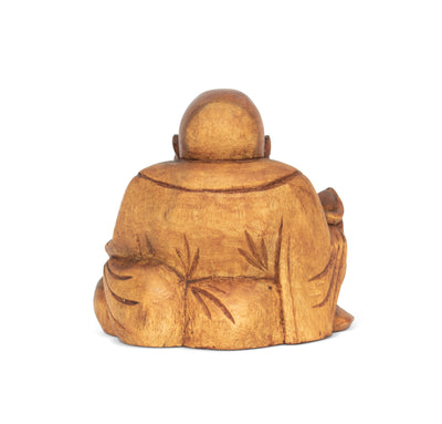 4.5" Wooden Mini Laughing Happy Buddha Statue Hand Carved Smiling Sitting Sculpture Handmade Figurine Decorative Home Decor Handcrafted Art Decoration