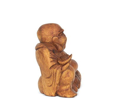 4.5" Wooden Mini Laughing Happy Buddha Statue Hand Carved Smiling Sitting Sculpture Handmade Figurine Decorative Home Decor Handcrafted Art Decoration