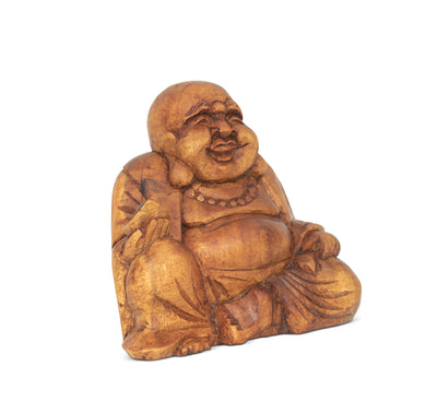 4.5" Wooden Mini Laughing Happy Buddha Statue Hand Carved Smiling Sitting Sculpture Handmade Figurine Decorative Home Decor Handcrafted Art Decoration