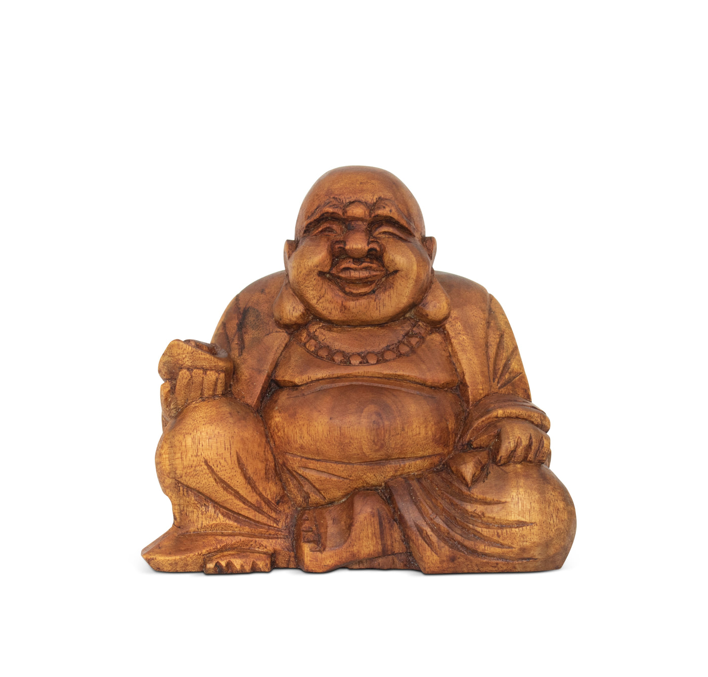 4.5" Wooden Mini Laughing Happy Buddha Statue Hand Carved Smiling Sitting Sculpture Handmade Figurine 