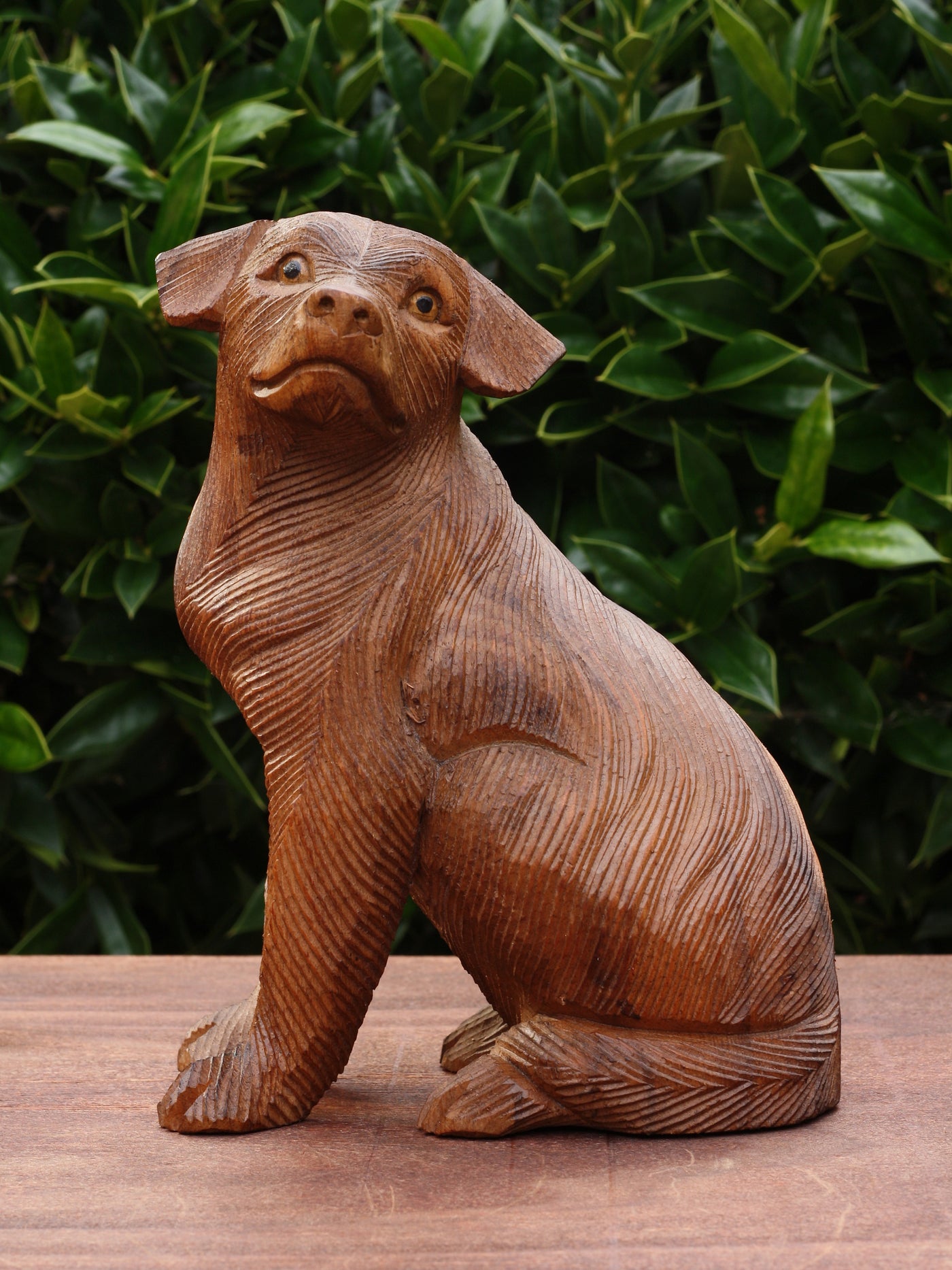 8" Wooden Hand Carved Sitting Dog Figurine Sculpture Statue