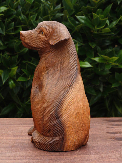 8" Wooden Hand Carved Sitting Dog Figurine Sculpture Statue Art Decorative Home Decor Accent Lodge Handmade Handcrafted Decoration