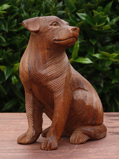 8" Wooden Hand Carved Sitting Dog Figurine Sculpture Statue Art Decorative Home Decor Accent Lodge Handmade Handcrafted Decoration