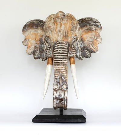Wooden White Wash Elephant Mask Bust Statue on Stand Sculpture Figurine
