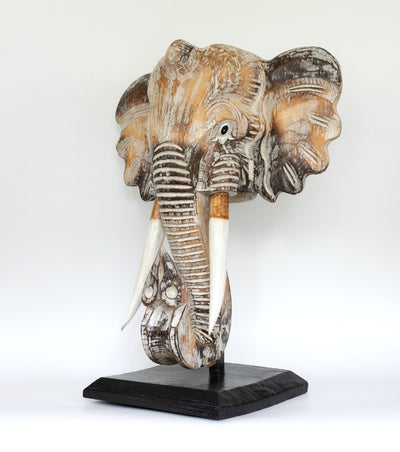 Wooden White Wash Elephant Mask Bust Statue on Stand Sculpture Figurine Home Decor Hand Carved Handmade Accent Handcrafted Decoration Wood