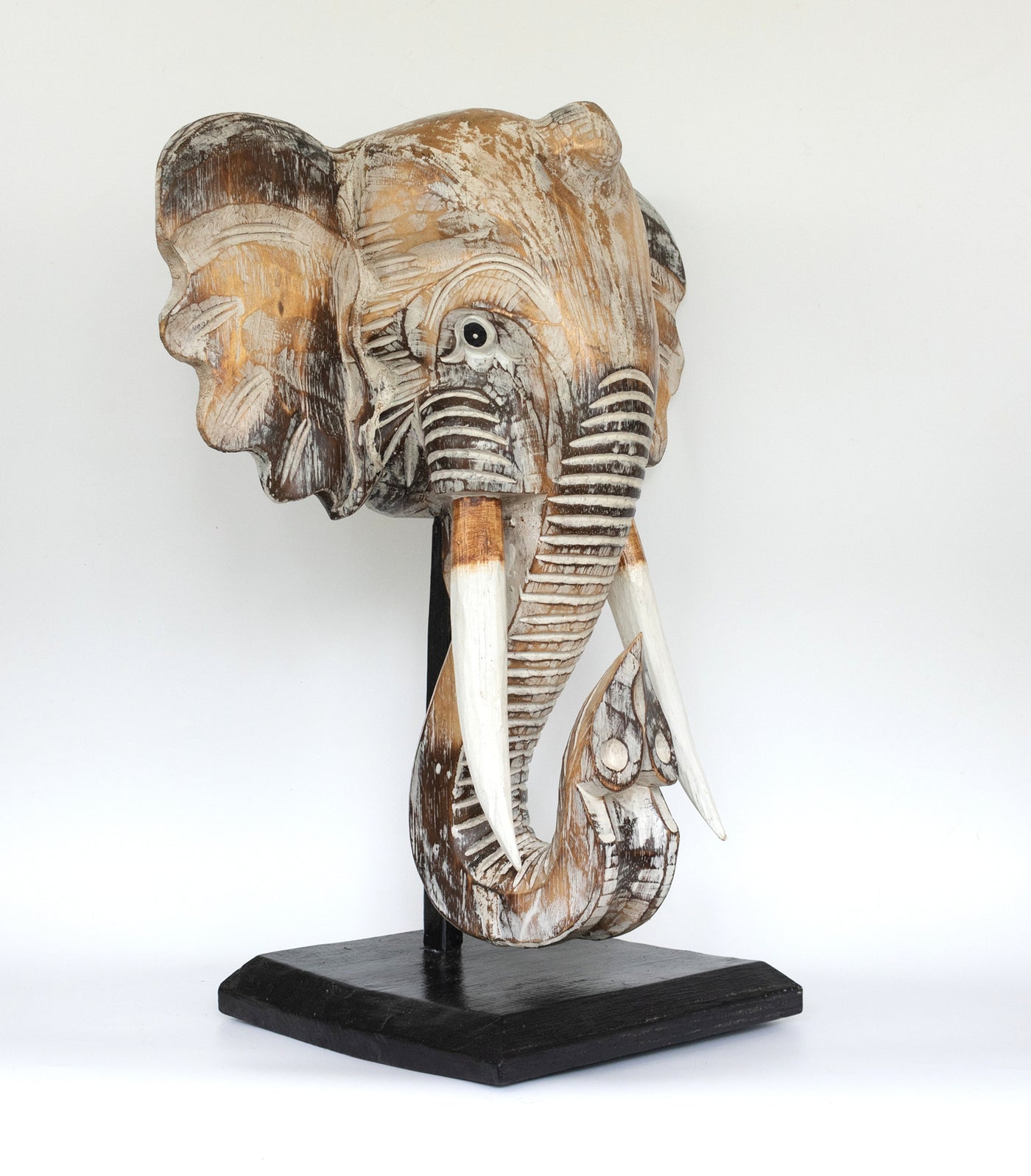 Wooden White Wash Elephant Mask Bust Statue on Stand Sculpture Figurine Home Decor Hand Carved Handmade Accent Handcrafted Decoration Wood