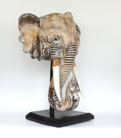 Wooden White Wash Elephant Mask Bust Statue on Stand Sculpture Figurine Home Decor Hand Carved Handmade Accent Handcrafted Decoration Wood