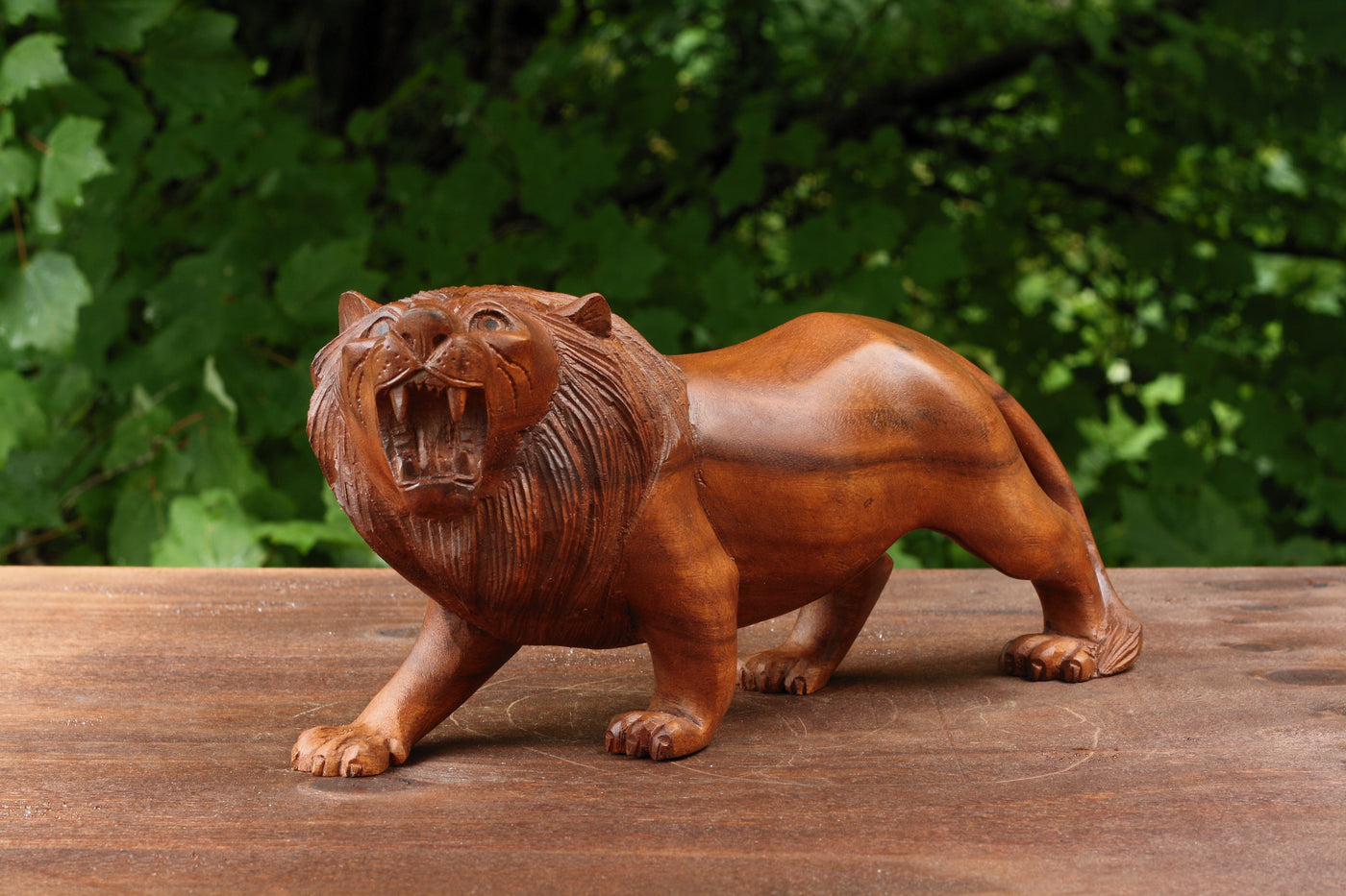 12" Wooden Hand Carved Lion Statue Figurine Sculpture Art Decorative Home Decor Accent Rustic Lodge Handmade Handcrafted Decoration