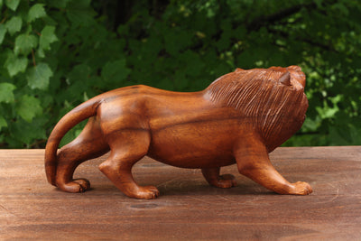 12" Wooden Hand Carved Lion Statue Figurine Sculpture Art Decorative Home Decor Accent Rustic Lodge Handmade Handcrafted Decoration