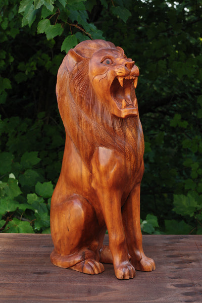 19" Large Wooden Hand Carved Lion Statue Figurine Sculpture