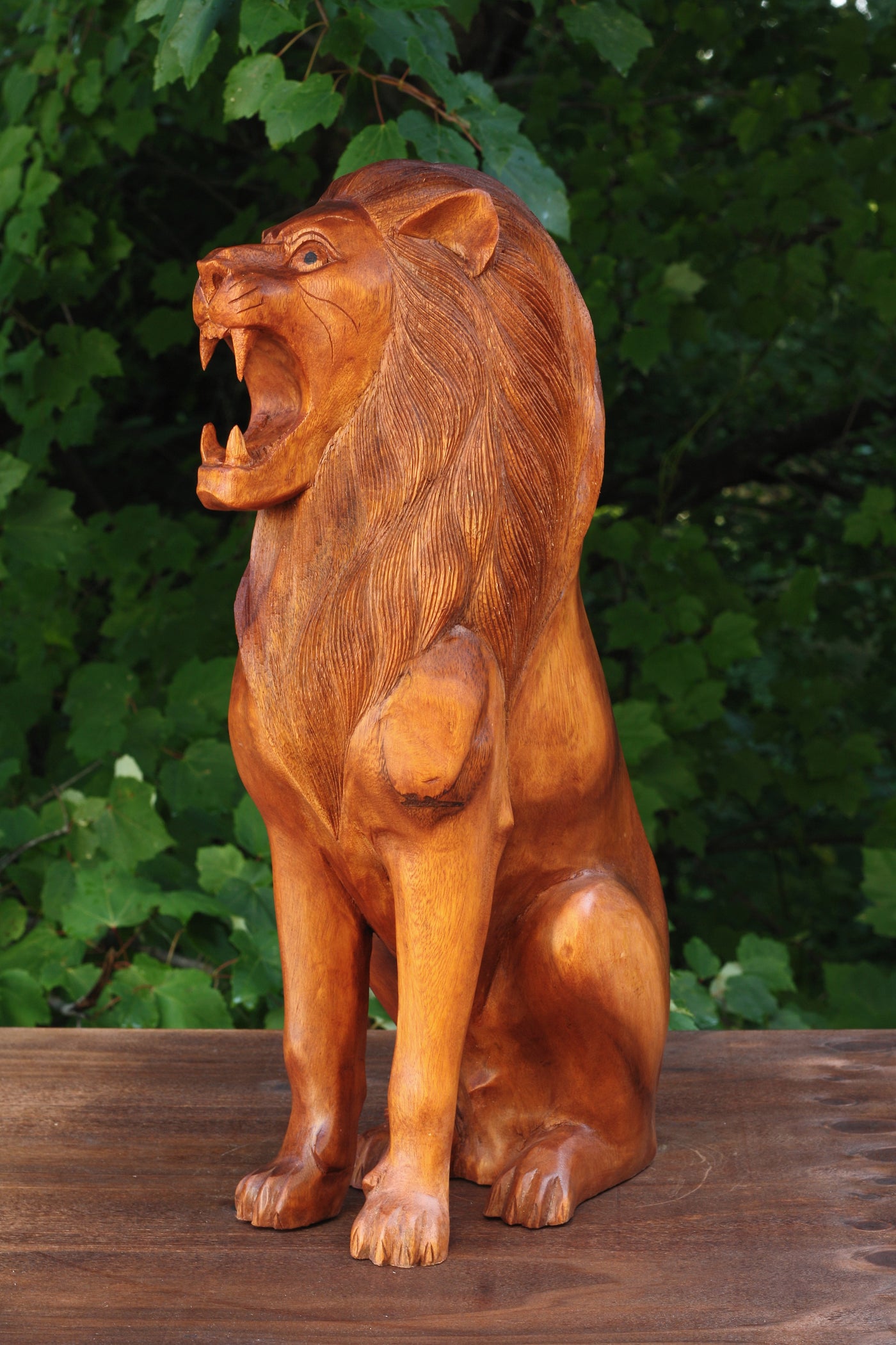 19" Large Solid Heavy Wooden Hand Carved Lion Sitting Statue Figurine Sculpture Art Decorative Home Decor Accent Rustic Lodge Handmade Handcrafted Decoration