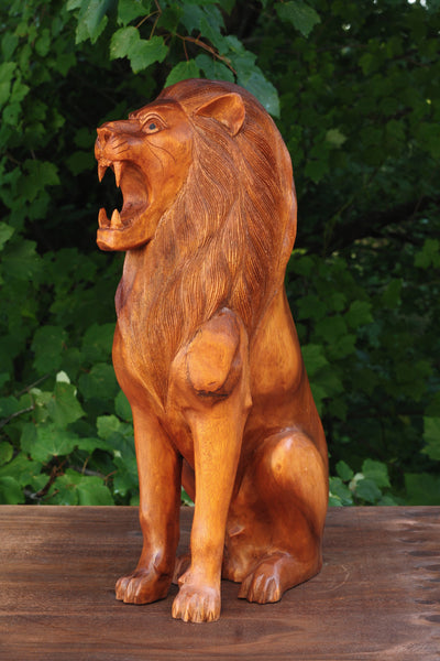 20" Large Solid Heavy Wooden Hand Carved Lion Sitting Statue Figurine Sculpture Art Decorative Home Decor Accent Rustic Lodge Handmade Handcrafted Decoration