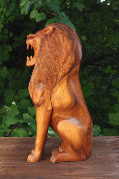20" Large Solid Heavy Wooden Hand Carved Lion Sitting Statue Figurine Sculpture Art Decorative Home Decor Accent Rustic Lodge Handmade Handcrafted Decoration