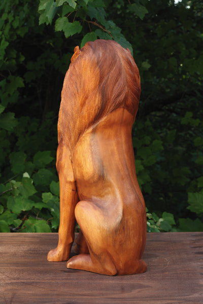 20" Large Solid Heavy Wooden Hand Carved Lion Sitting Statue Figurine Sculpture Art Decorative Home Decor Accent Rustic Lodge Handmade Handcrafted Decoration