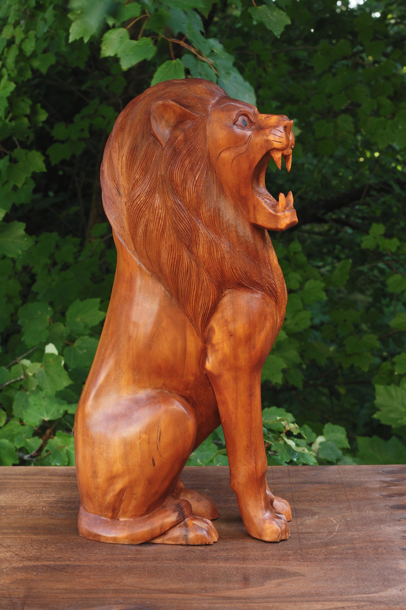 19" Large Solid Heavy Wooden Hand Carved Lion Sitting Statue Figurine Sculpture Art Decorative Home Decor Accent Rustic Lodge Handmade Handcrafted Decoration