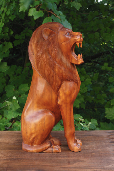 20" Large Solid Heavy Wooden Hand Carved Lion Sitting Statue Figurine Sculpture Art Decorative Home Decor Accent Rustic Lodge Handmade Handcrafted Decoration