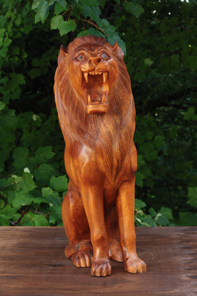 20" Large Solid Heavy Wooden Hand Carved Lion Sitting Statue Figurine Sculpture Art Decorative Home Decor Accent Rustic Lodge Handmade Handcrafted Decoration