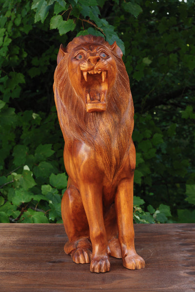 19" Large Solid Heavy Wooden Hand Carved Lion Sitting Statue Figurine Sculpture Art Decorative Home Decor Accent Rustic Lodge Handmade Handcrafted Decoration