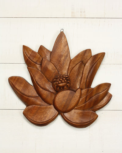 11" Wood Lotus Wall Panel – Hand Carved Decorative Flower Art, Zen Nature Wall Decor