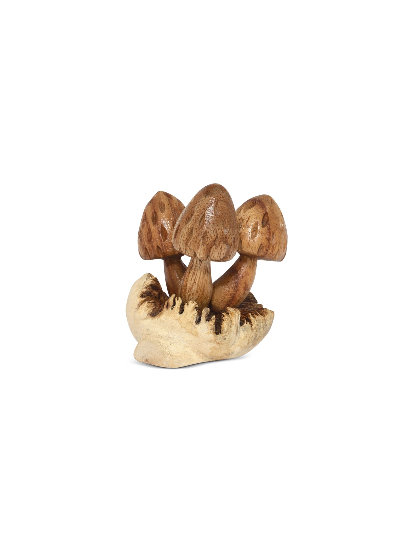 Wooden mushroom sculpture on a white background
