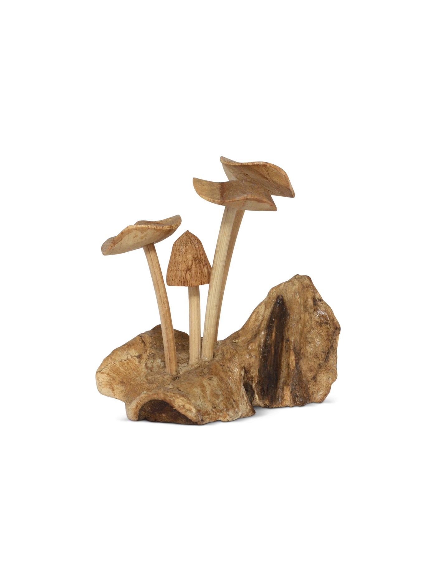 Wood mushroom carving with flat wavy caps handmade artisan décor