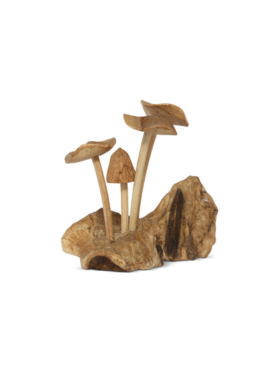 Wood mushroom carving with flat wavy caps handmade artisan décor