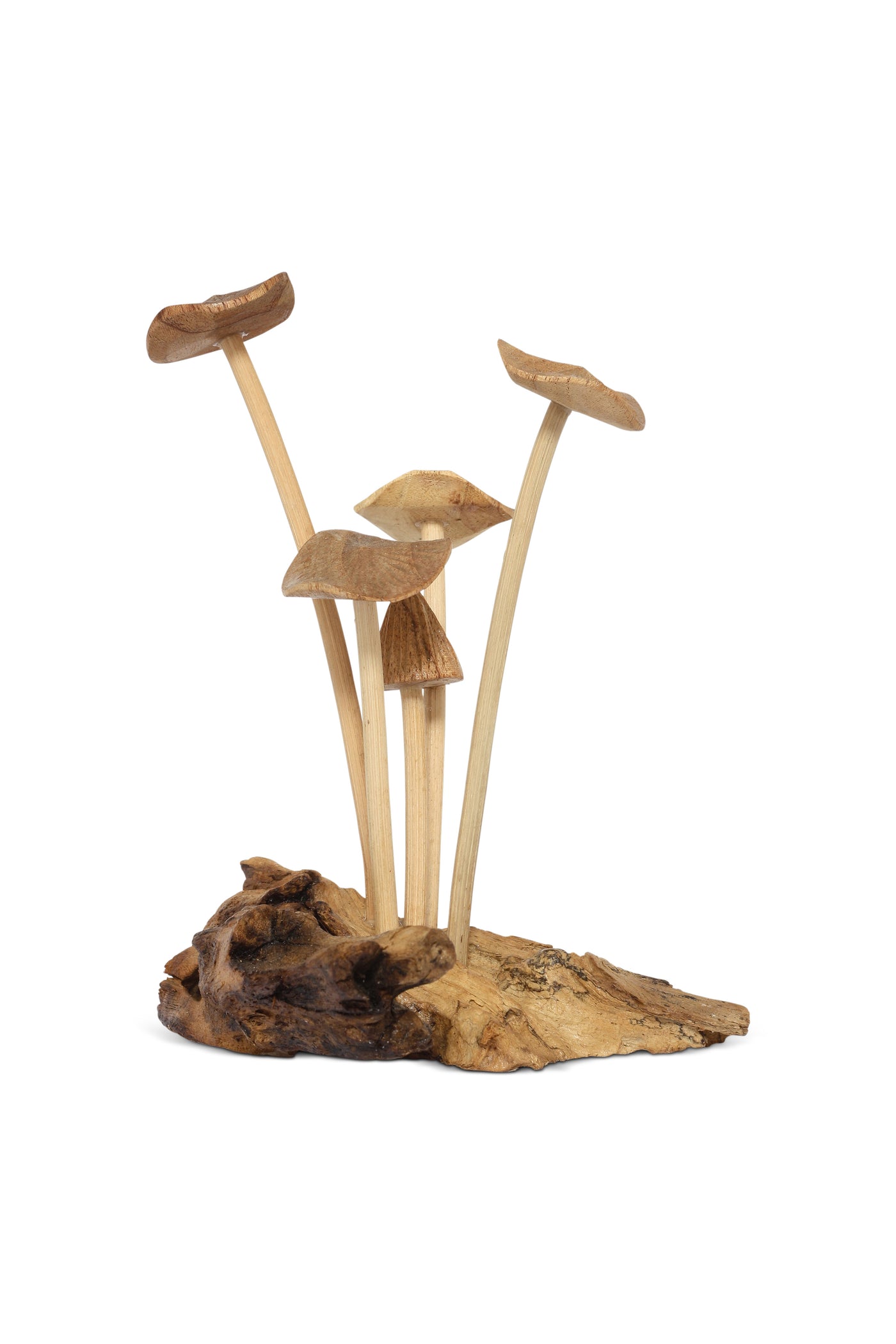 Tall wooden mushroom carving with slender stems and wide caps artisan décor