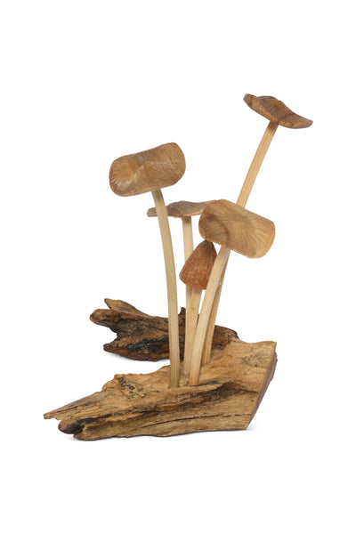 Wooden mushroom decor on a piece of driftwood against a white background