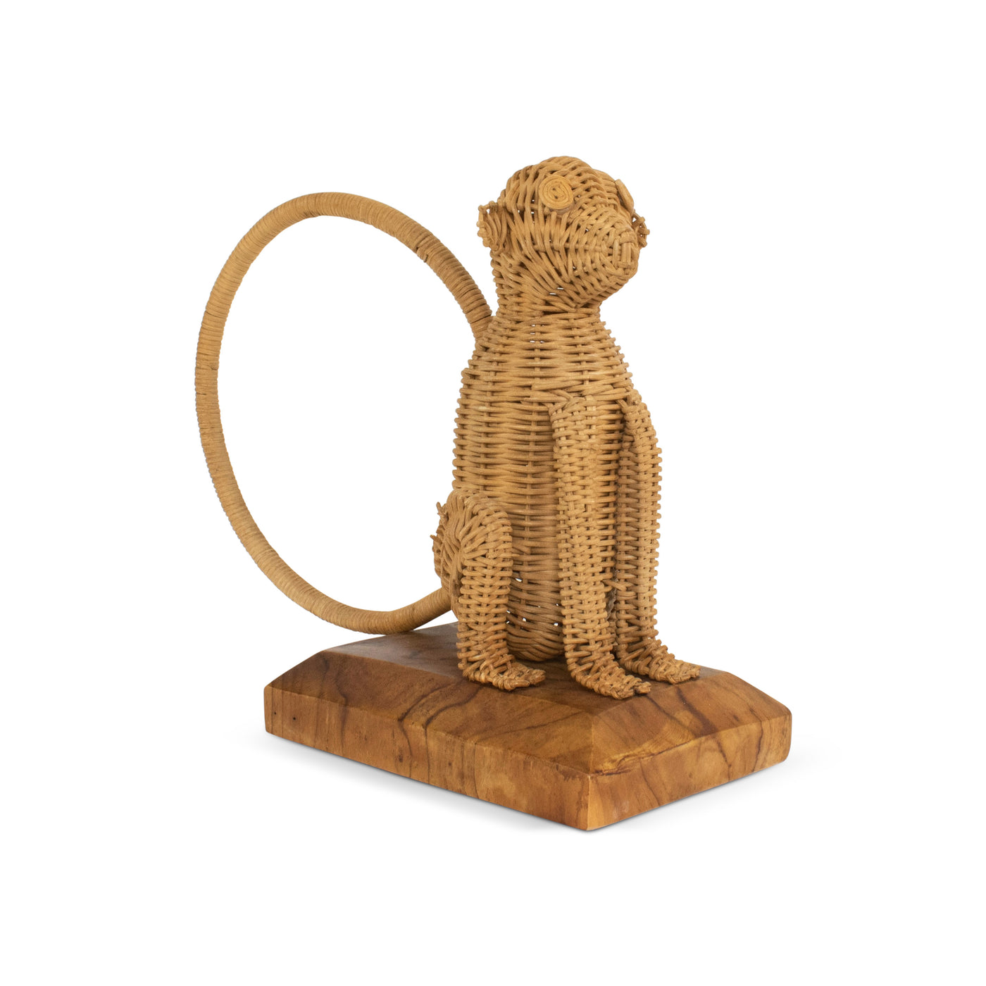 Hand woven rattan monkey figurine with curled tail on wood base