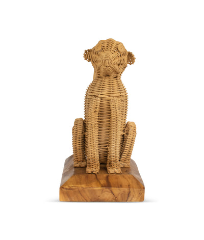 Rattan Monkey Sculpture – Hand Woven Animal Figurine on Wood Stand, Tropical Boho Decor
