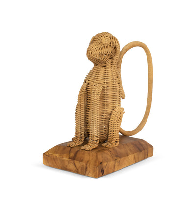 Rattan Monkey Sculpture – Hand Woven Animal Figurine on Wood Stand, Tropical Boho Decor